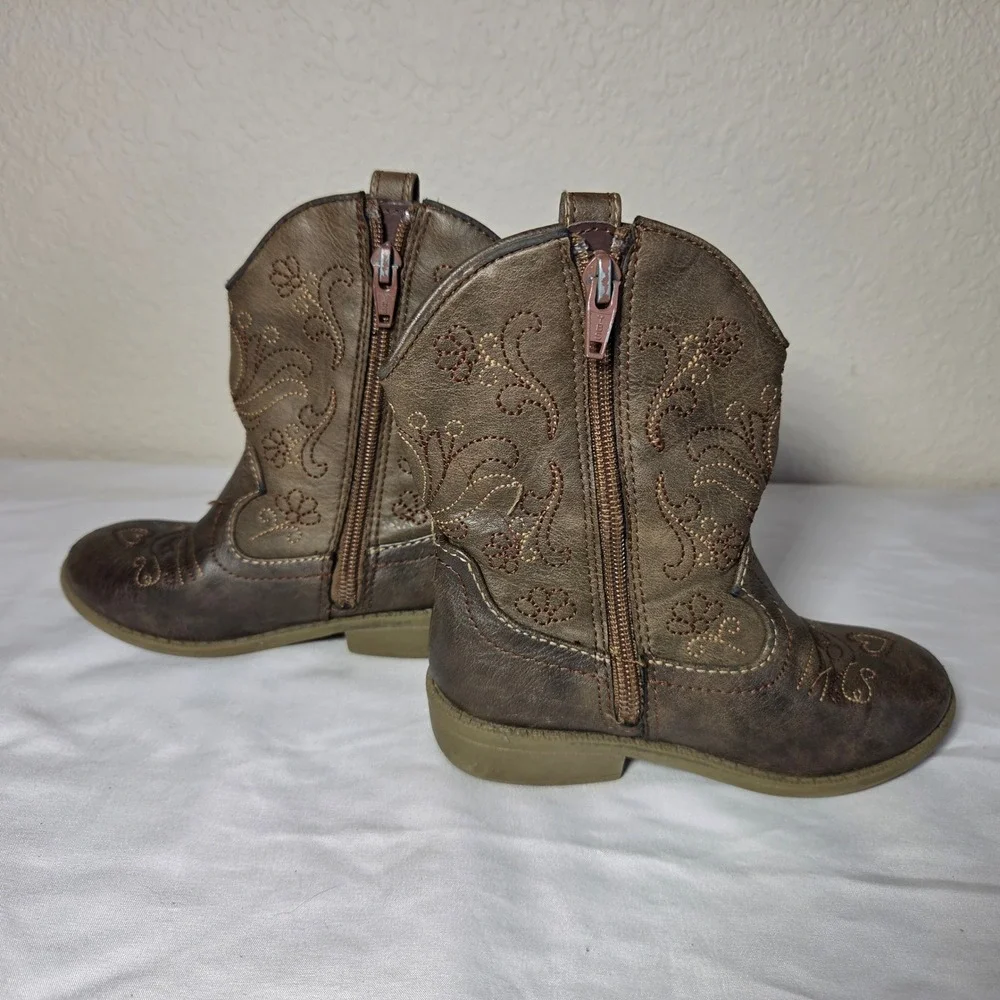 Toddler Brown Faux Leather Western Cowboy Boots Floral Embroidery Size 10 S1621